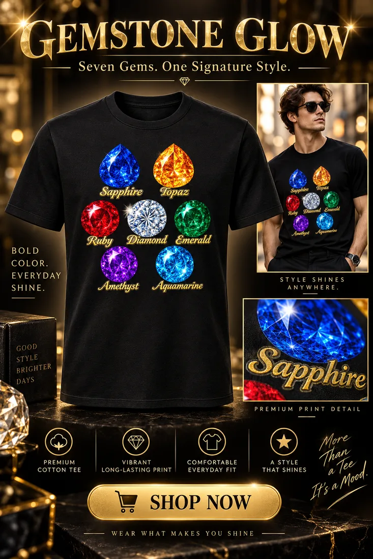 金色の光に包まれた黒い宝石Tシャツと、着用イメージ