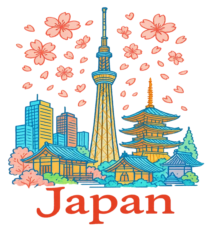 桜と日本のスカイタワー ユニセックスTシャツ — 前面